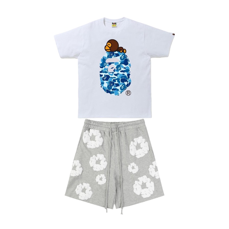 BAPE T-shirt White/Black 713 + Denim Tears The Cotton Wreath Shorts Grey