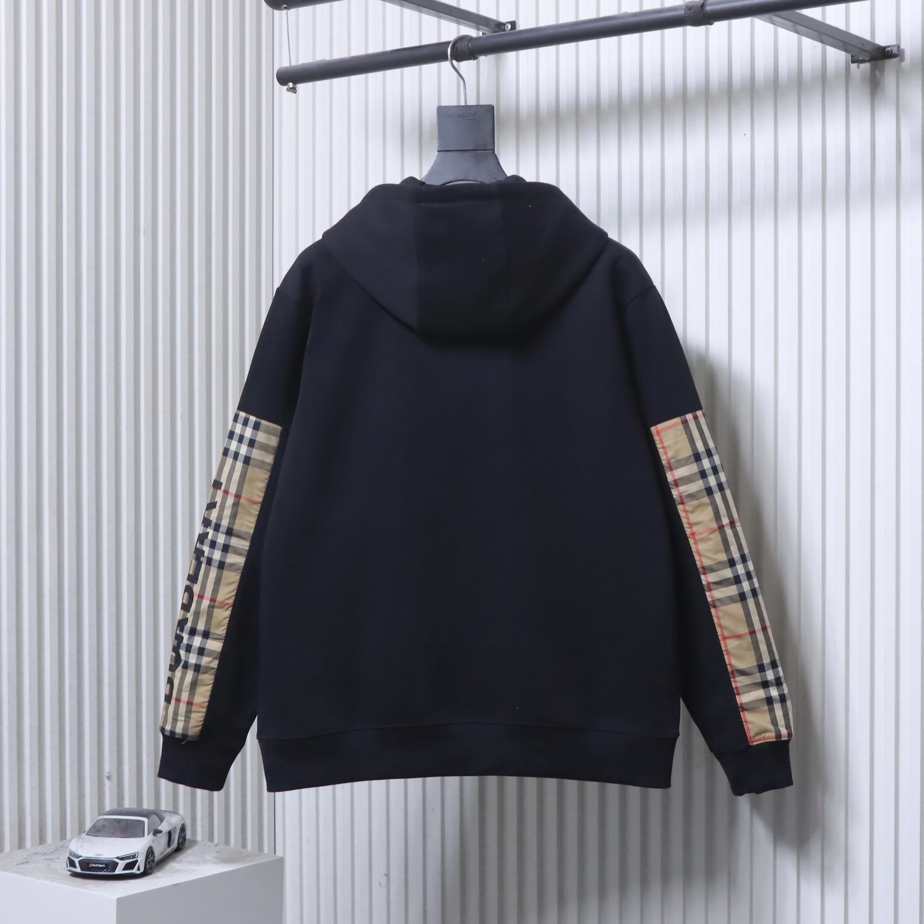 Burberry Zip-Up Hooded Jacket Side Check Print Panel Detai Black