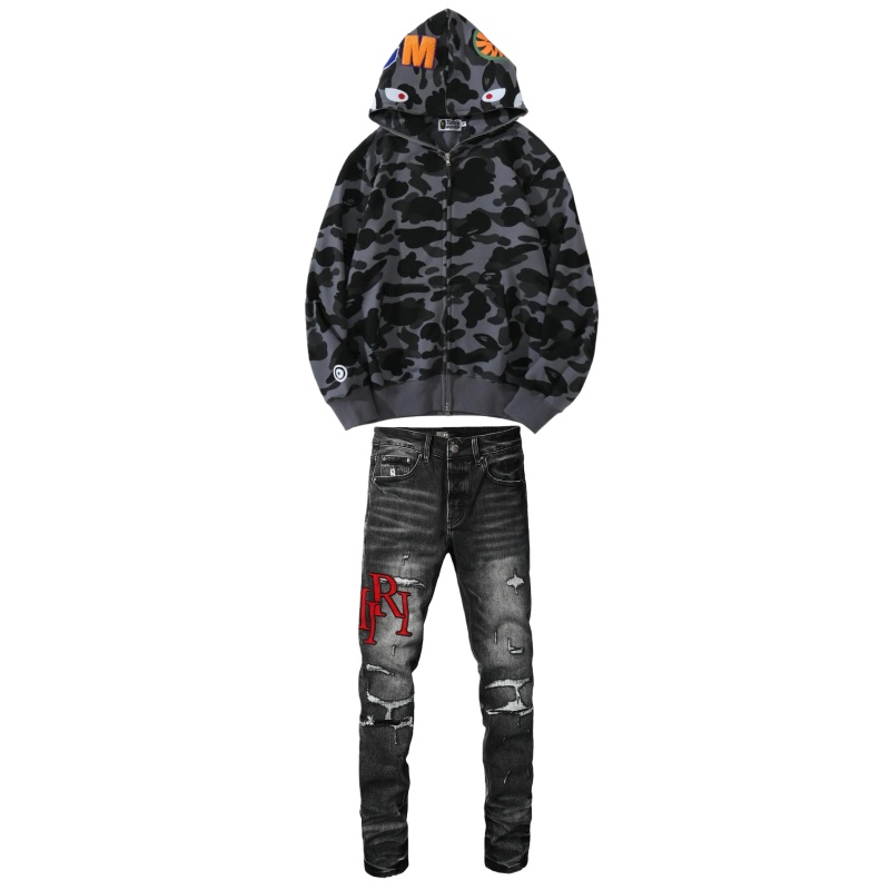 BAPE Color Camo Shark Zip Hoodie Black + Amiri Jeans 00200