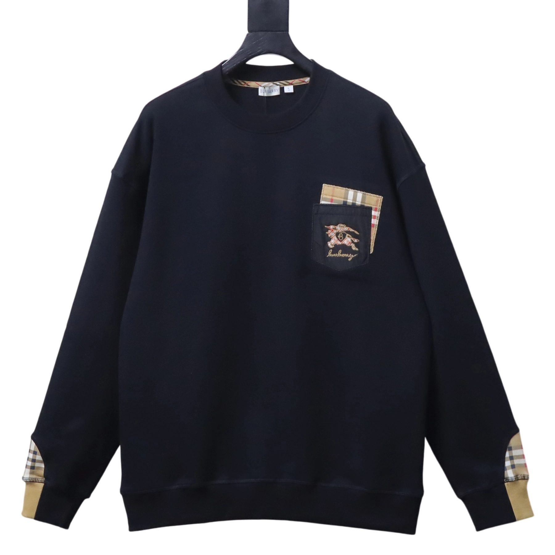 Burberry Check-Pocket Crewneck Sweatshirt Black