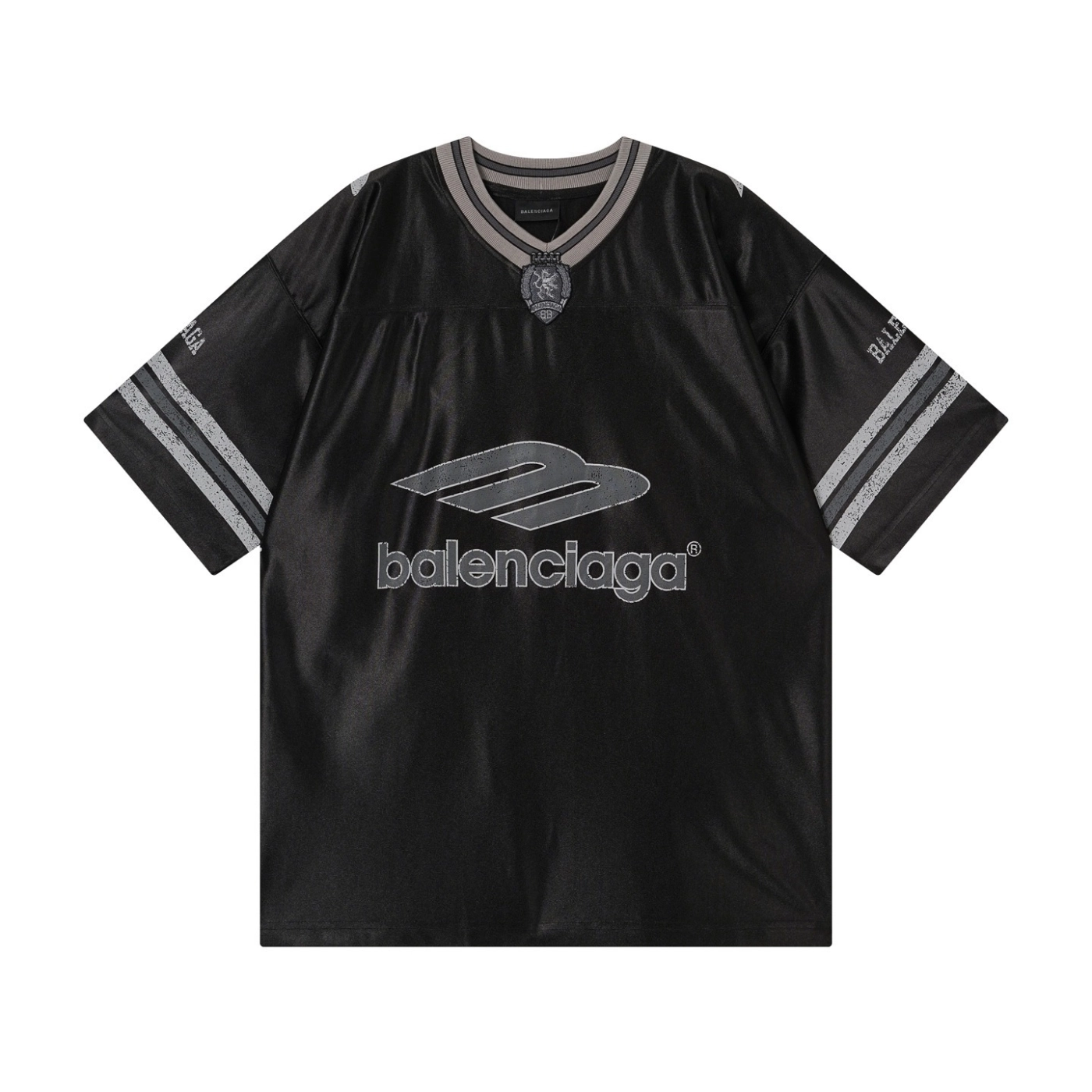 Balenciaga 3B Silhouette Ribbed V-neck Printed T-shirt Black/Blue/Gray