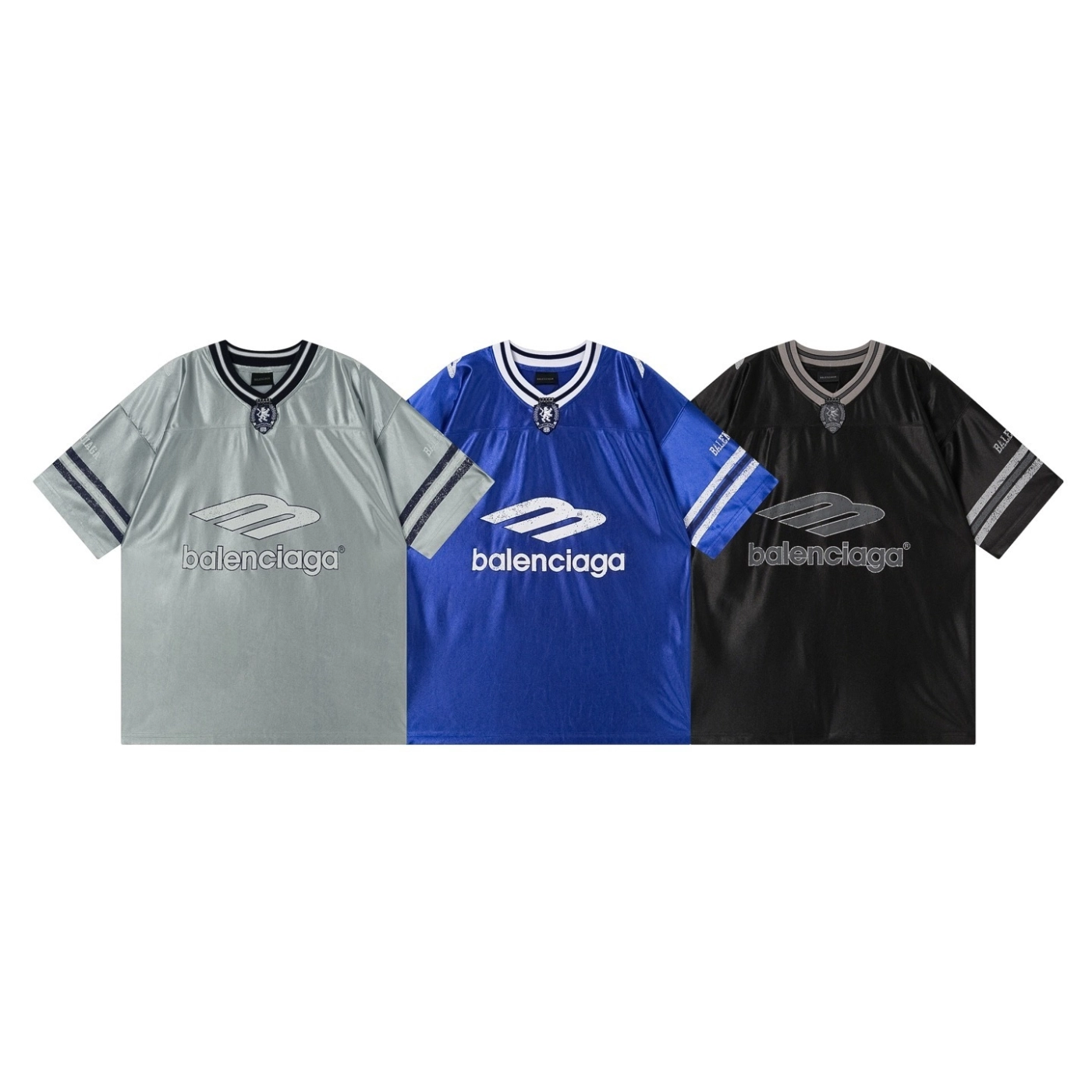 Balenciaga 3B Silhouette Ribbed V-neck Printed T-shirt Black/Blue/Gray