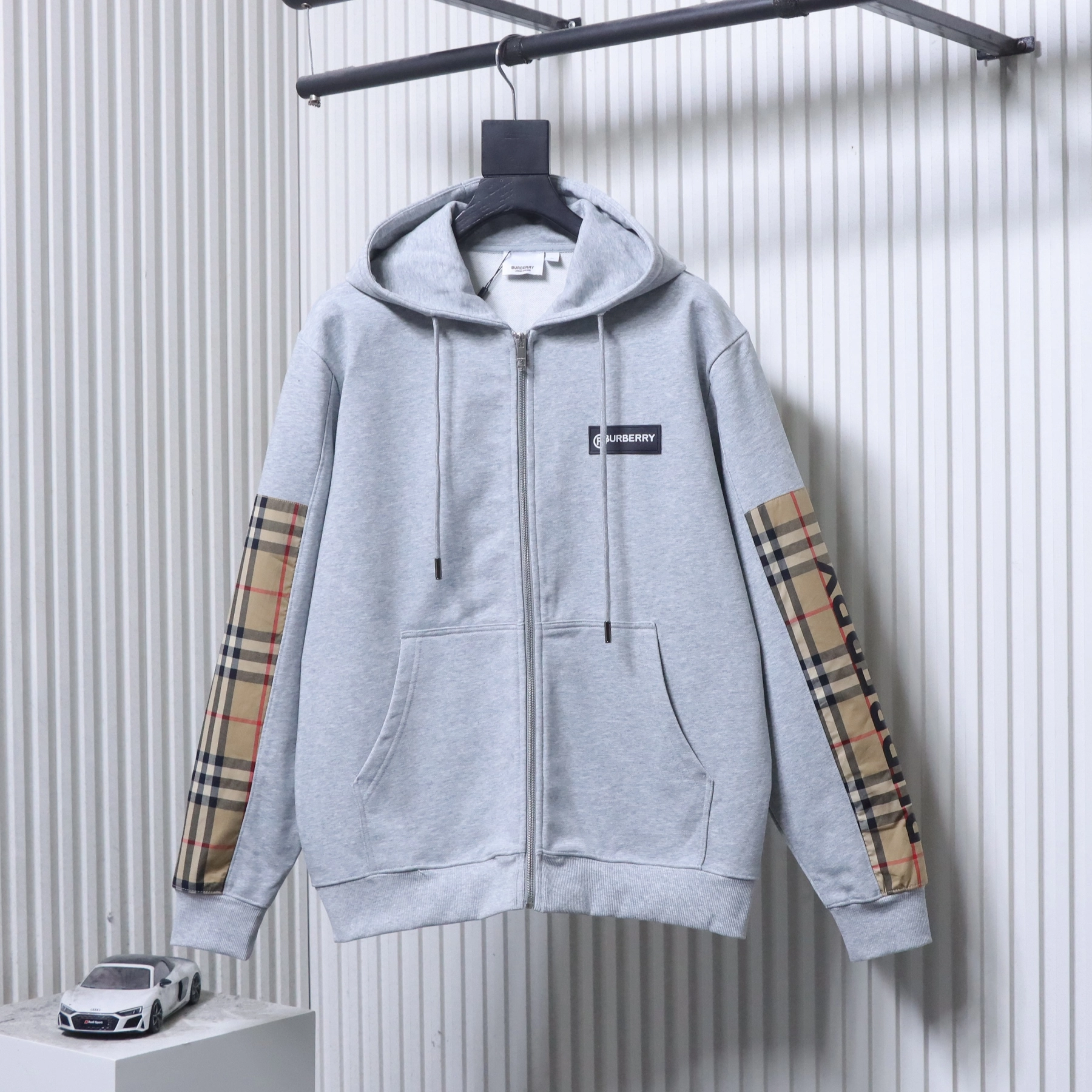 Burberry Zip-Up Hooded Jacket Side Check Print Panel Detai Grey