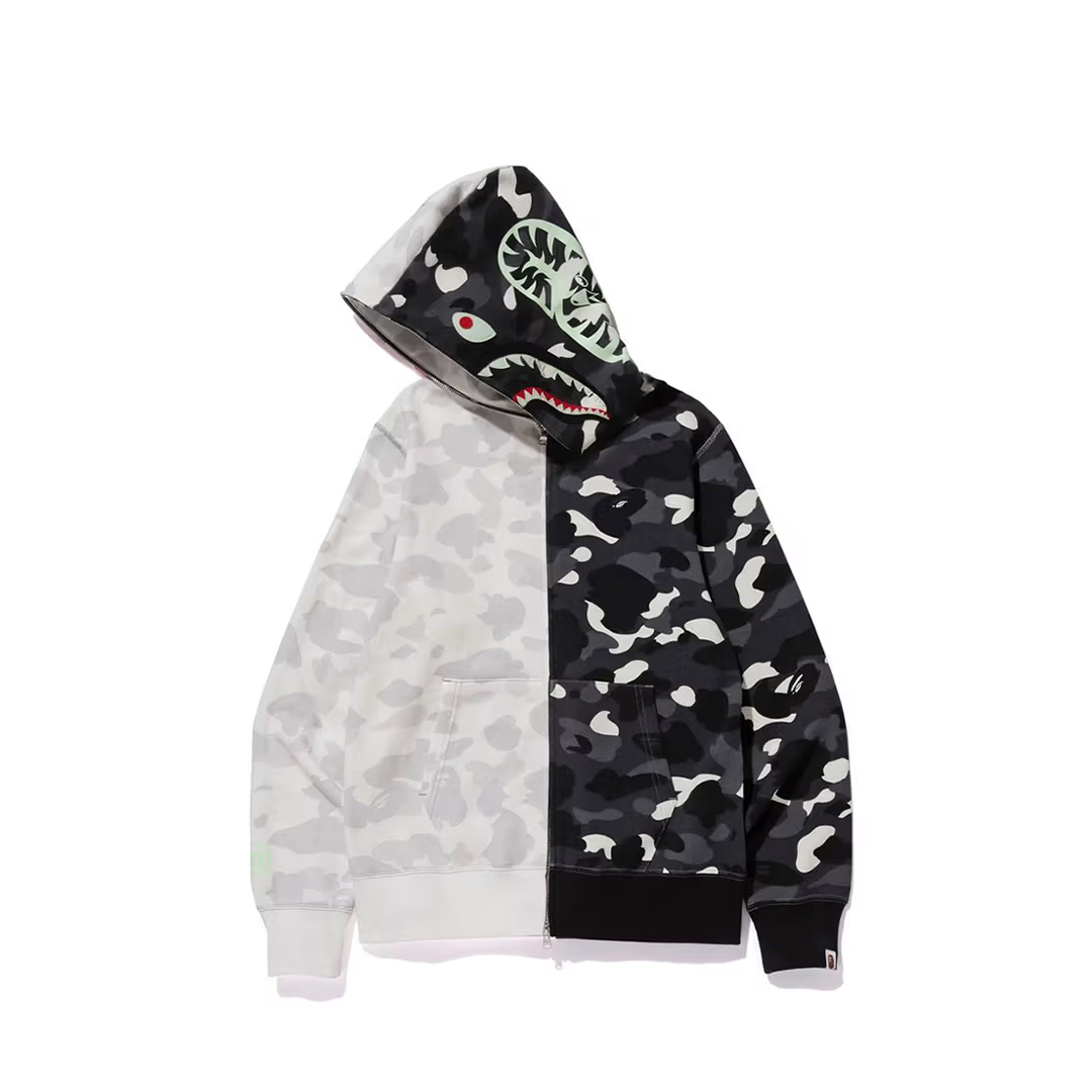 BAPE Space Camo Shark WGM Full-Zip Spliced Hoodie Black and White