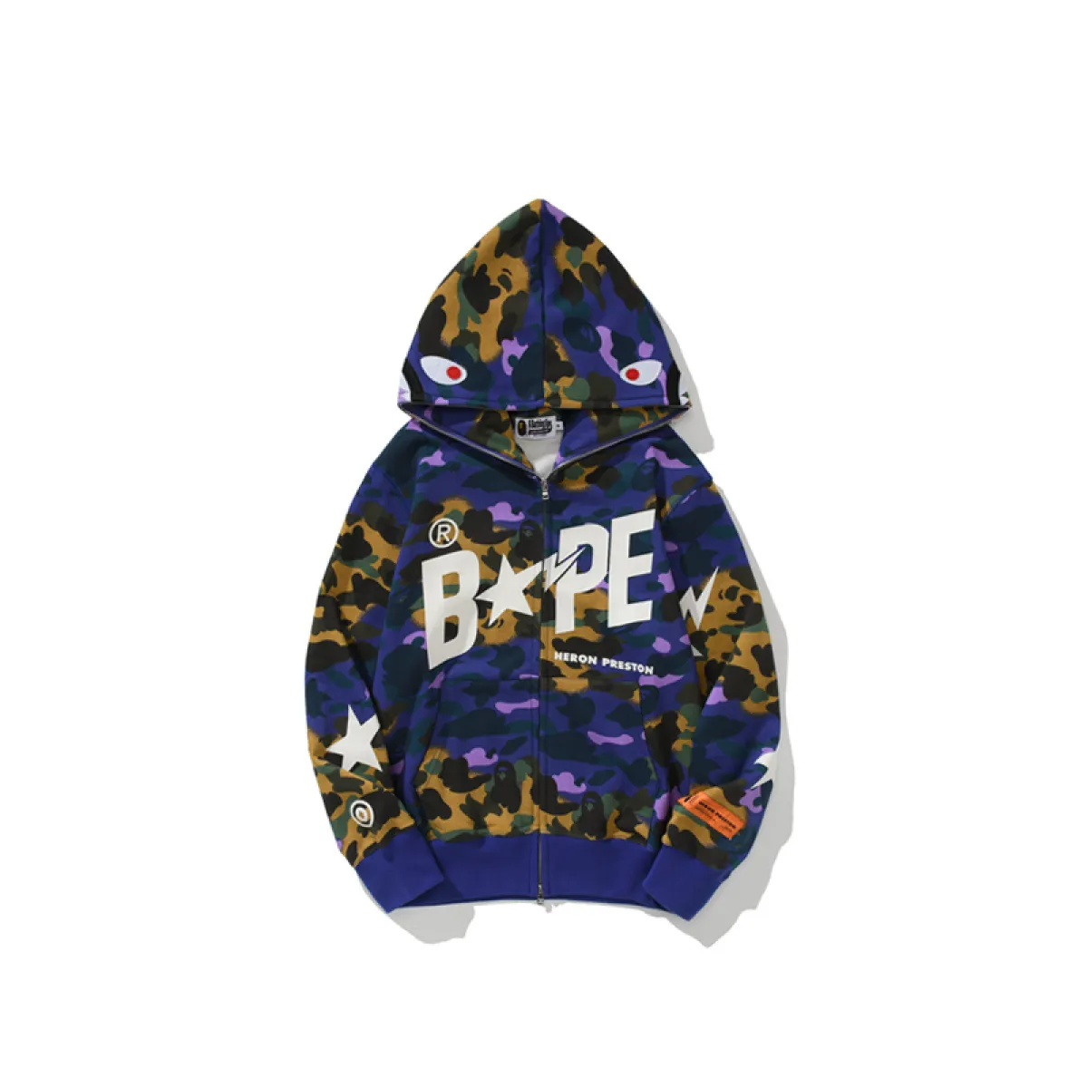 BAPE x Heron Preston Mix 1st Camo Shark Relaxed Fit Full Zip Hoodie Purple