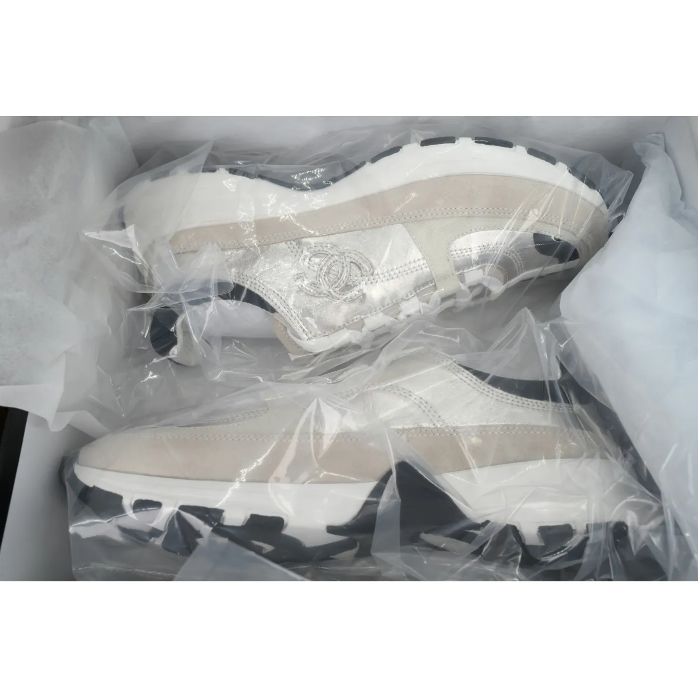 Chanel Interlocking CC Logo Laminated Calfskin & Suede Calfskin Sneakers Light Gold, Light Gray Black