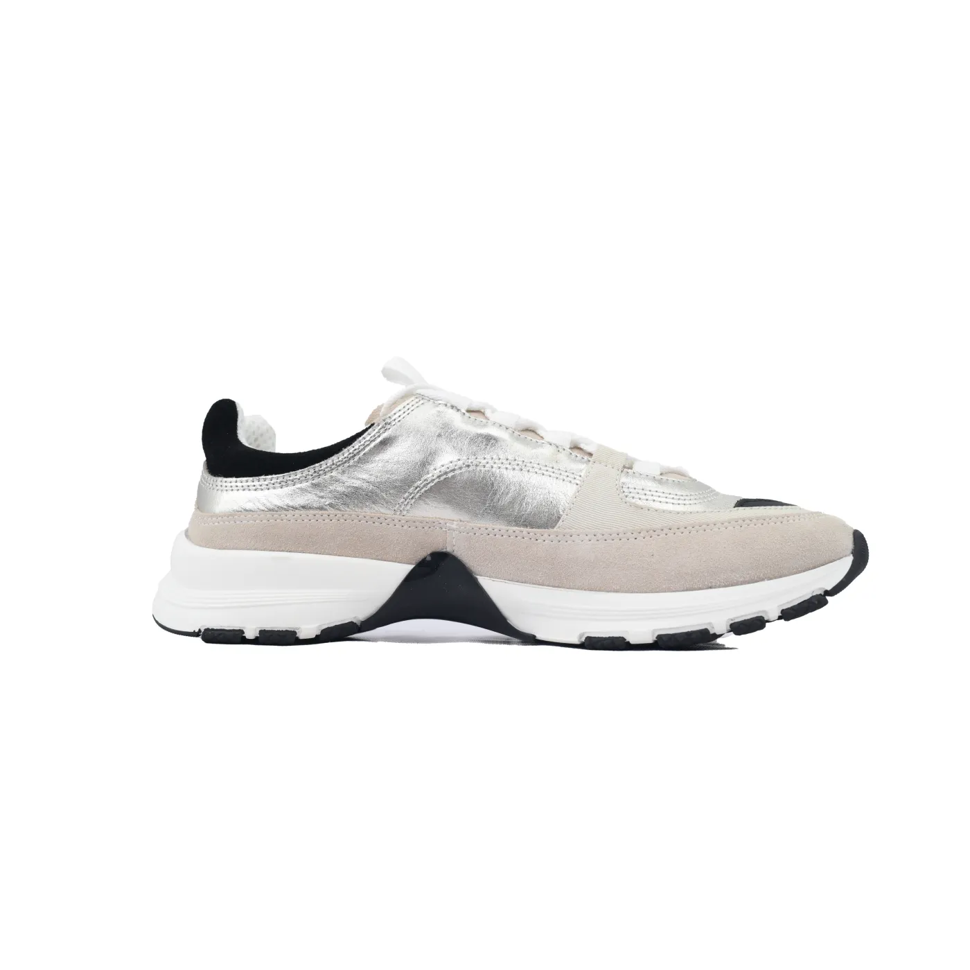 Chanel Interlocking CC Logo Laminated Calfskin & Suede Calfskin Sneakers Light Gold, Light Gray Black