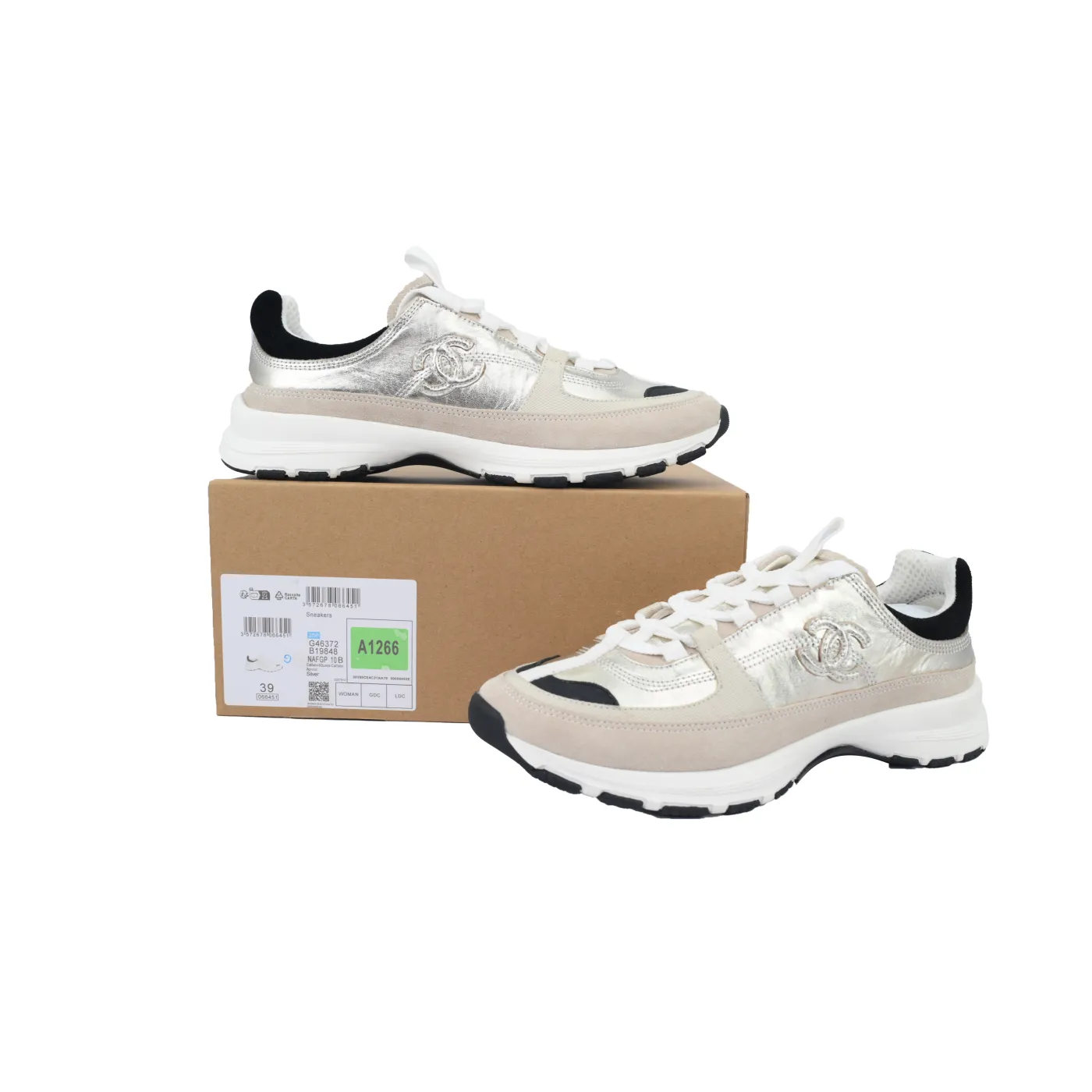 Chanel Interlocking CC Logo Laminated Calfskin & Suede Calfskin Sneakers Light Gold, Light Gray Black