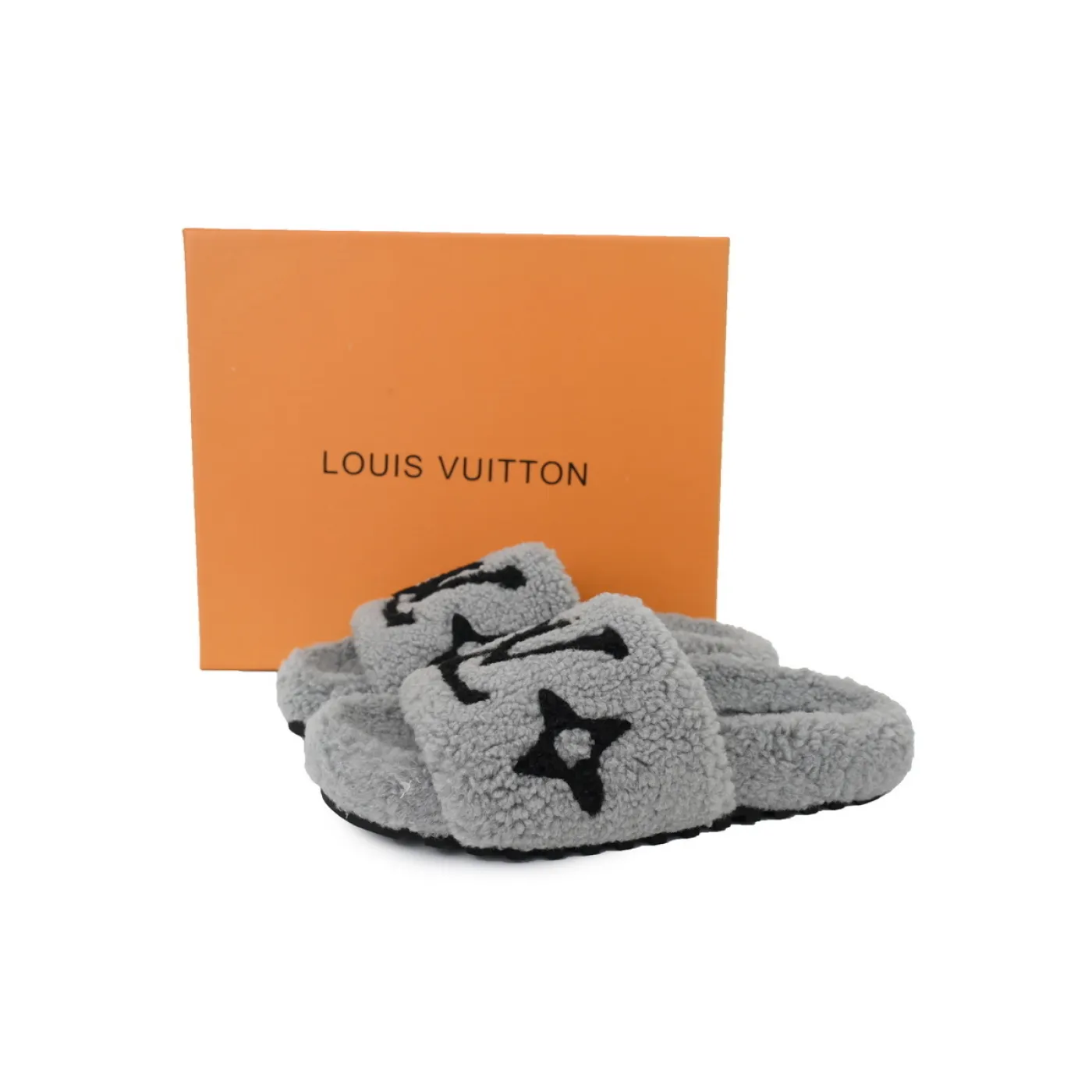 Louis Vuitton Bom Dia Shearling Flate Slippers Dark Gray